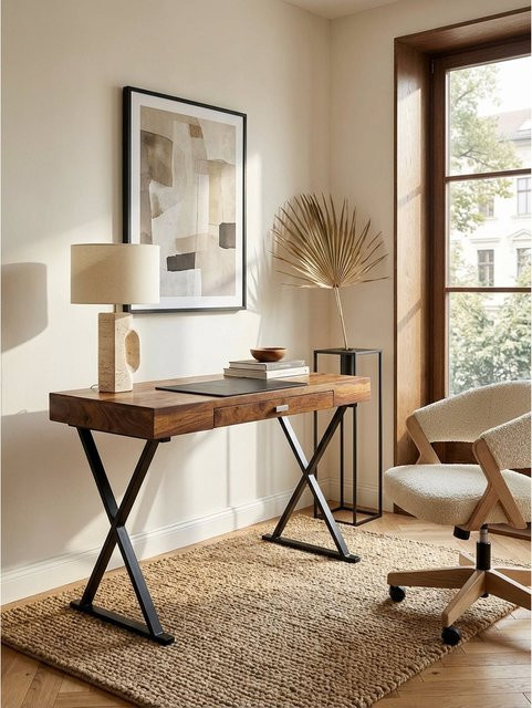 KADIMA DESIGN Schreibtisch aus Massivholz und Metall in Braun-Schwarz, B/T/H: 120 x 55 x 78 cm - Bild 1