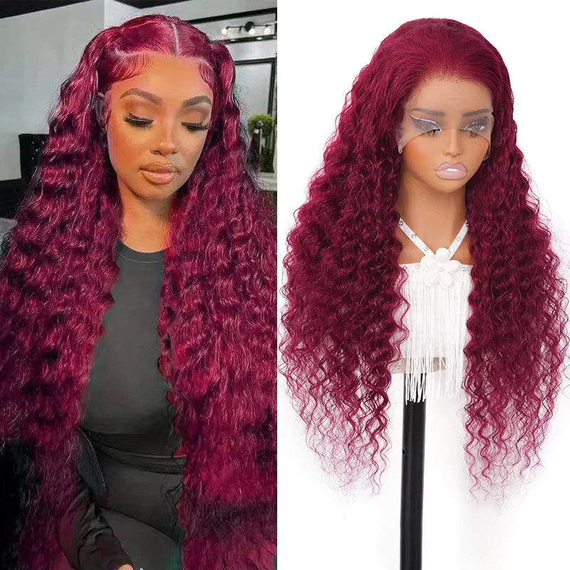 Ali Sky Hair Deep Wave Perücke, Burgunderrot, 100% Echthaar, Unisex - Bild 2