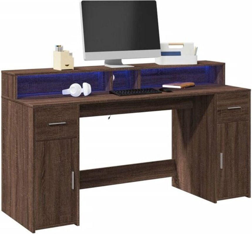 Vidaxl LED Schreibtisch in Braun Eichen-Optik aus Holzwerkstoff, Modern, B/T/H: 160 x 55 x 91 cm - Bild 1
