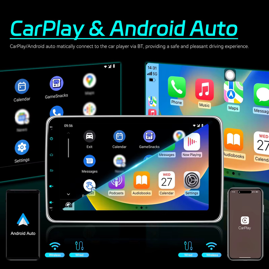 Podofo 10,1 Zoll Auto-Smart-Screen Multimedia-Video-Autoplayer mit drahtlosem CarPlay und Android Auto, WIFI, Bluetooth, FM RDS Stereo und Mirror Link in Schwarz - Bild 2
