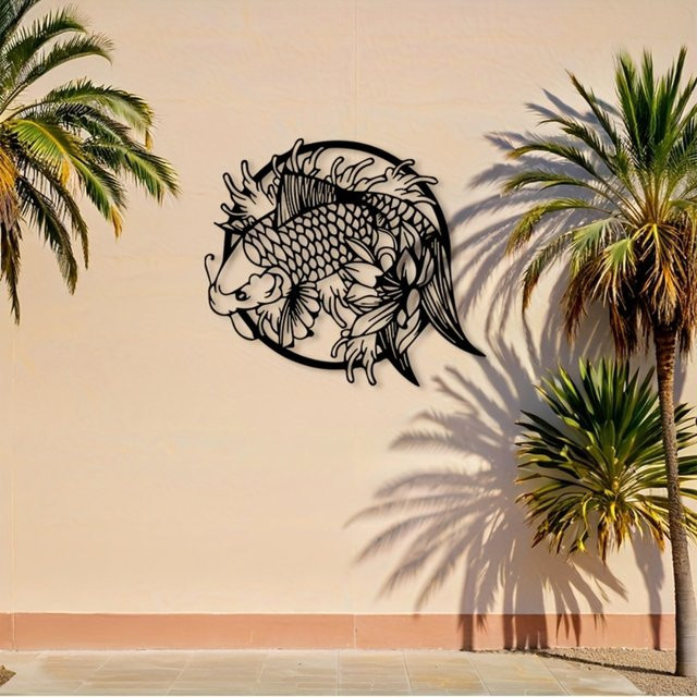 CIFBUY Metall-Wandkunst Koi-Fisch in Schwarz als 2D Lotus-Teich-Dekoration für Zen Feng Shui im Innen- und Außenbereich - Bild 1