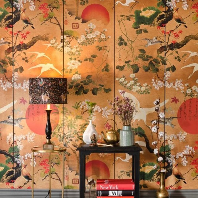 Japanische 3D-Wandtapete mit fliegenden Vögeln im klassischen chinesischen Stil, Mehrfarbig - Bild 1