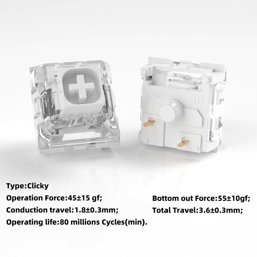 KBDiy & Kailh Box White Switch Mechanische Tastaturschalter, 3-Pin Clicky, 45gf, wasserdicht und vorgeschmiert, Farbe: Weiß - Bild 1