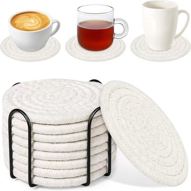 Handgeflochtene Tischsets und Untersetzer im japanischen Stil von Yiran bag, minimalistische Tischdekoration aus Baumwolle, weiß, rund - Bild 1