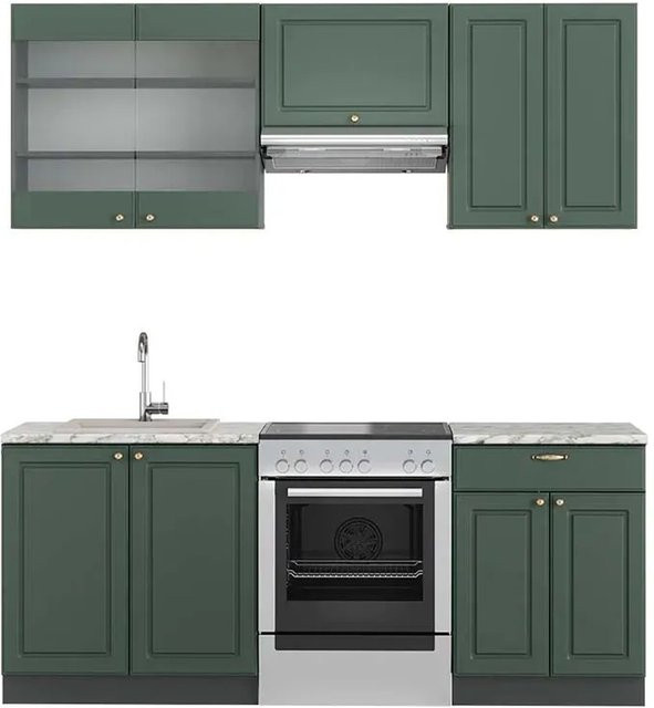 Vicco Fame-Line Küchenzeile im Landhausstil in Grün-Gold und Anthrazit mit Marmor-Optik, Breite: 200 cm - Bild 1