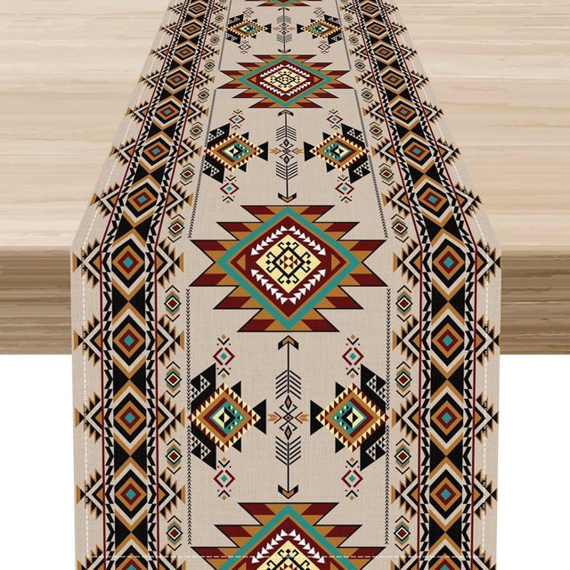 JINGYUE Pet Tischläufer aus Leinen im Aztekischen Südwest-Stil, Schwarz/Mehrfarbig, Breite: 150 cm, Tiefe: 33 cm - Bild 1