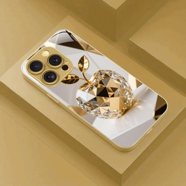 Luxus Handyhülle mit Apfelmuster in Gold Metallic Lack für Apple iPhone 17 Pro Max, 16, 15, 14, 13, 12, 11 und 17 Air/16E aus Glas - Bild 1