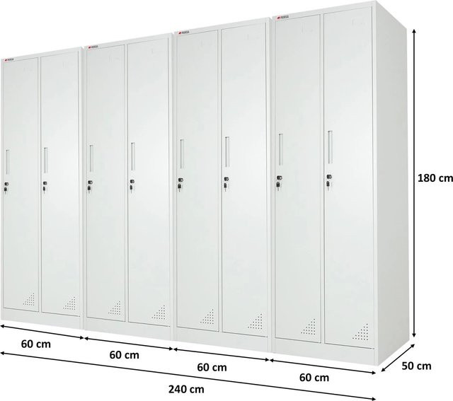 PROREGAL Spindschrank ELEPHANT 4er Set aus Metall, Lichtgrau, 2 Abteile pro Schrank mit Kleiderstange und Kleiderhaken, abschließbar, H x B x T: 180 x 60 x 50 cm - Bild 1