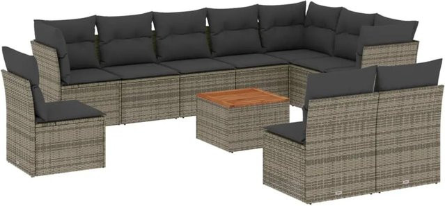 vidaXL 11-tlg Garten-Sofagarnitur aus Poly Rattan und Akazienholz in Grau mit Kissen Modell 43 - Bild 1