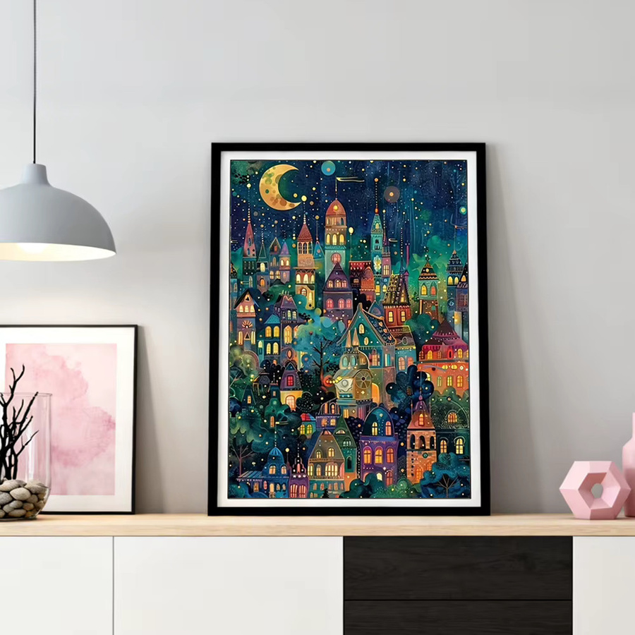 HUACAN Diamantmalerei Haus-Landschaft mit Mond als Mosaik-Wandkunst in Mehrfarbig, Rundbohrer - Bild 2