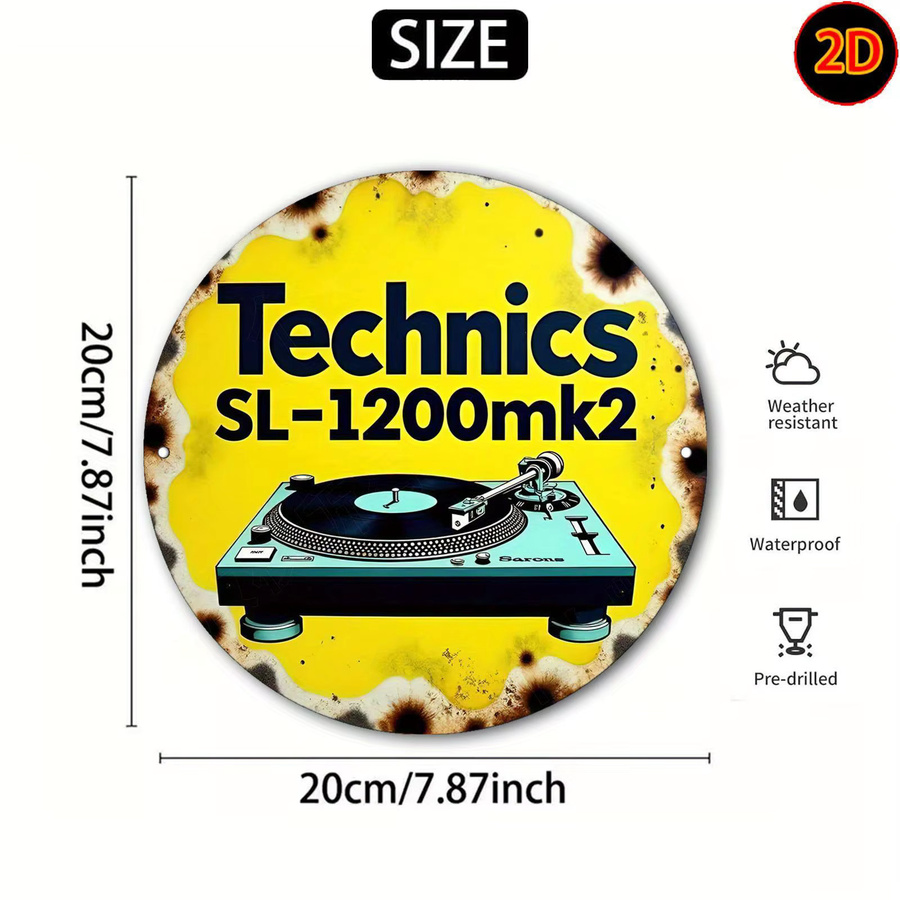 Potdemiel Metall-Wandkunstschild Technics SL-1200mk2 Vintage Design, Rundschild aus Aluminium in Gelb und Schwarz, Durchmesser: 20 cm - Bild 2