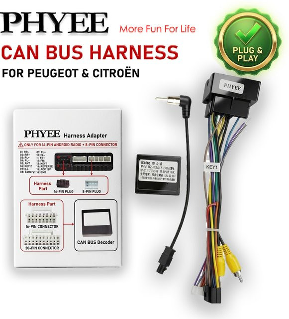 PHYEE CAN-Bus-Kabelbaum mit Decoder für Peugeot 207 208 308 und Citroen C3 C4, 40-Pin Quadlock-Adapter inklusive Lenkradfernbedienung und 16-Pin Android-Kabel - Bild 1