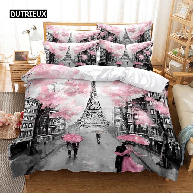 Bettwäscheset mit Eiffelturm-Motiv von Binchi Outdoor Product in Pink, Mikrofaser, B/H: 135 x 200 cm - Bild 1