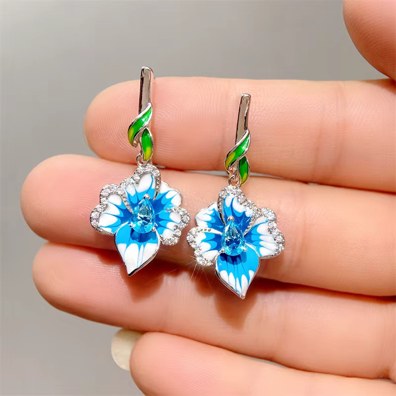 Huitan Ohrringe, Blaue Blume Tropfen, Emaille, Silber, Kristall, Damen - Bild 2