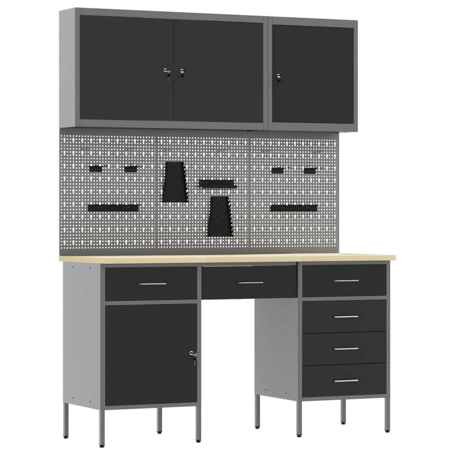 vidaXL Werkbank mit 8 Schubladen und Pegboard aus Holz und Stahl in Schwarz - Bild 2