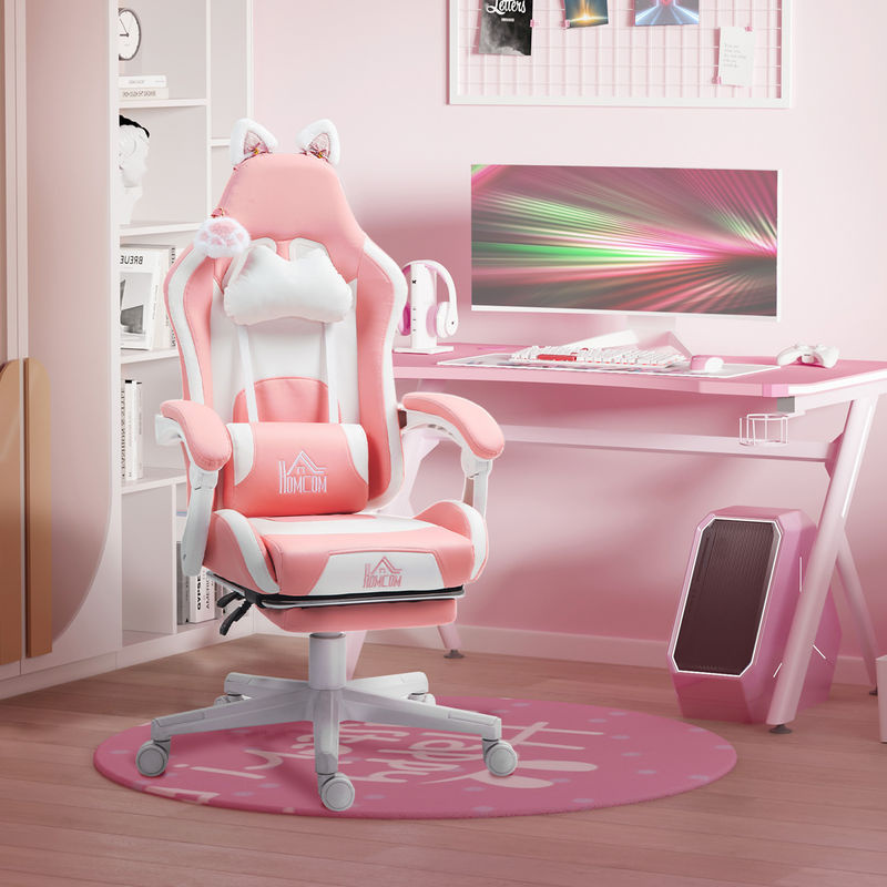 HOMCOM Gaming Stuhl mit Katzenohren in Rosa, ergonomischer Gamer Sessel aus Kunstleder mit Lendenwirbelstütze, Kopfkissen und Fußstütze, höhenverstellbar und mit Liegefunktion - Bild 2