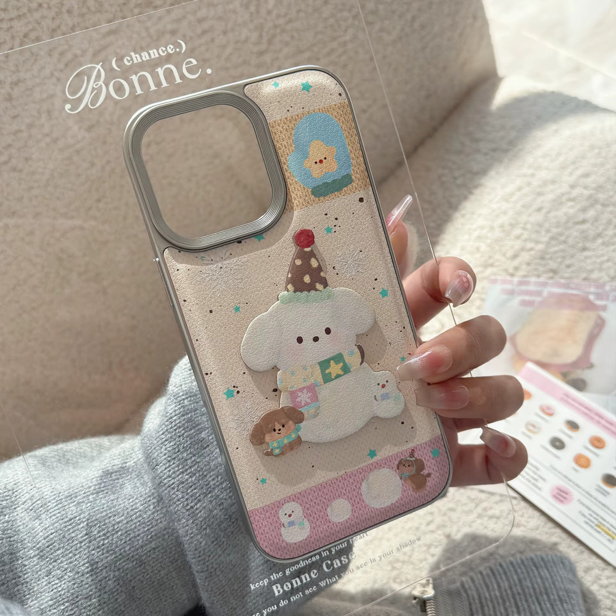 Koreanische 3D-Cartoon-Welpen Handyhülle mit Ledertextur und plattiertem Rand für Apple iPhone 17 Air 16 15 14 13 12 11 Pro Max in Multicolour - Bild 2