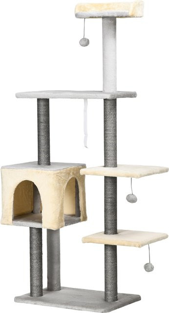 PawHut Kratzbaum für Katzen von Aosom mit Liegeplatz, Höhle und integriertem Spielzeug, Farbe: Grau und Beige, Höhe: 156 cm - Bild 1