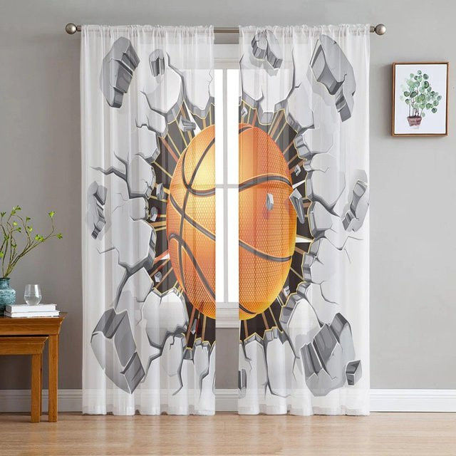 Transparente Tüllvorhänge von A Family Of Home Textiles mit Basketball-Sport-Motiv in Weiß, B: 135 cm, H: 160 cm - Bild 1