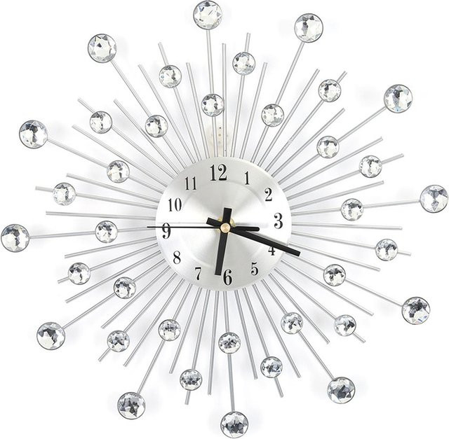 Tooarts Wanduhr aus Metall in Silber mit Diamantbesatz und lautlosem Analog-Uhrwerk - Bild 1