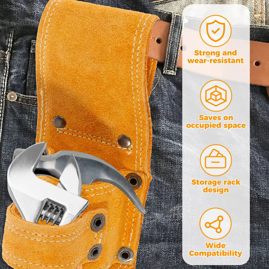 Werkzeugtasche aus Rindsleder in Braun mit Hammerholster und Doppellöchern für Schraubenschlüssel, B/H/T: 16,0 x 7,0 x 5,0 cm - Bild 2