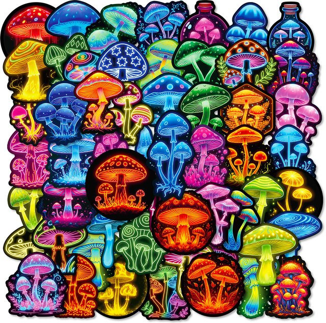 Neon-Pilz Aufkleber Set, wasserfeste und wiederverwendbare Sticker in Mehrfarbig für Helm, Skateboard und Fahrradcomputer, 56 Stück - Bild 1