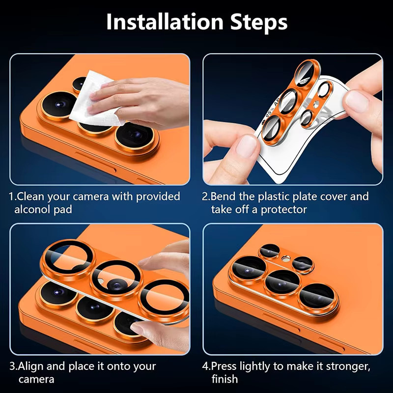 Kameraschutzfolie aus Aluminiumlegierung und gehärtetem Glas für Samsung Galaxy S26 Ultra in Schwarz und Orange - Bild 4