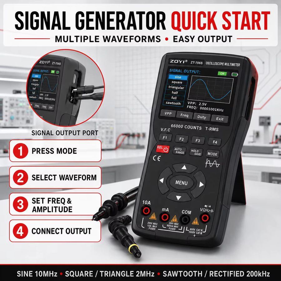ZOYI Digitales Multimeter Oszilloskop und Signalgenerator, 2-Kanal 50MHz, Hochpräzises Spannungsmessgerät mit automatischer Bereichswahl, Schwarz - Bild 5