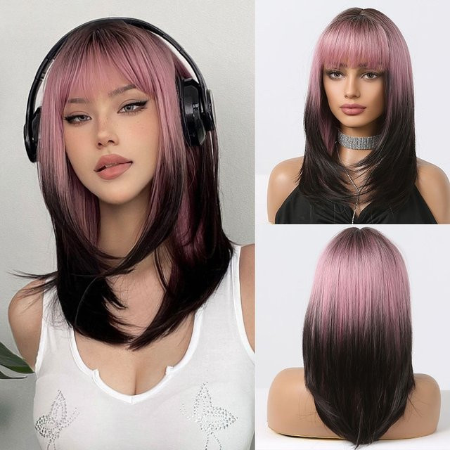 HAIRCUBE Perücke, lang, rosa bis schwarz, mit Pony, synthetisch, Damen - Bild 1