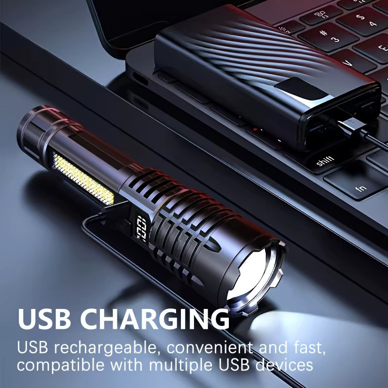 XIWANGFIRE COB-LED-Taschenlampe in Schwarz, USB wiederaufladbar, zoombar mit Seitenlicht, wasserdicht für Camping, Wandern und Notfälle - Bild 5