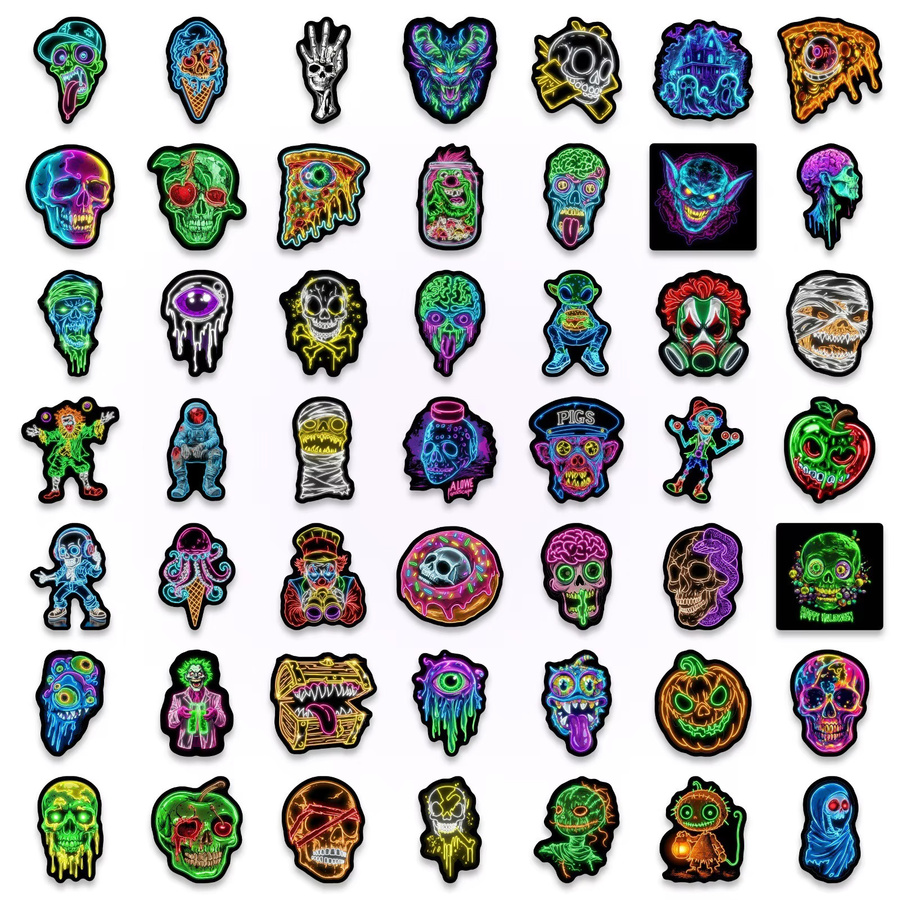 GOGOTU Halloween Lustige Neon-Totenkopf-Graffiti-Aufkleber, 50-teiliges Set, multicolour - Bild 2