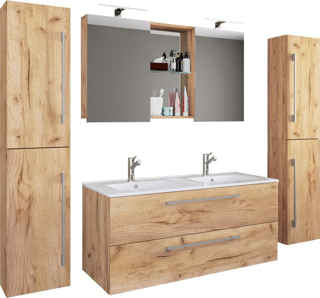 VCM Badmöbel Set Budasi SC 5-tlg. Doppel Waschplatz mit Keramik Waschtisch, Unterschrank, 2x Hochschrank und Spiegelschrank - Bild 1