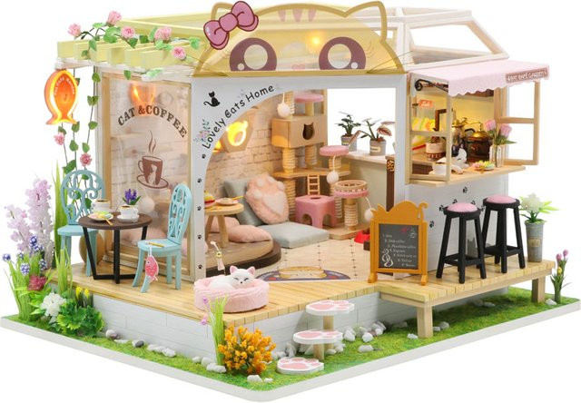 zuuton Holz Puppenhaus Katze Café, DIY Mini Haus Kit, mit Möbeln - Bild 1