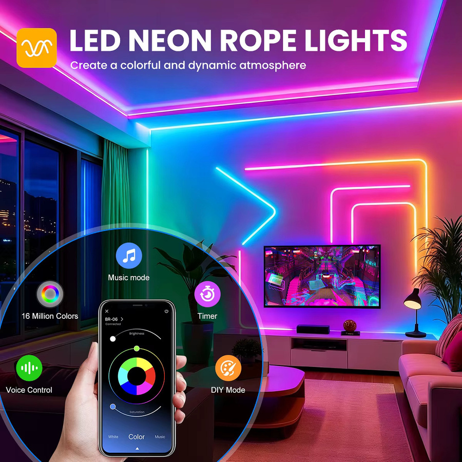 RGB Neon Flex LED-Streifen mit App- und Fernbedienung, Multicolour, Musiksynchronisierung und WiFi für Gaming-Raum und Schlafzimmerdekoration - Bild 3