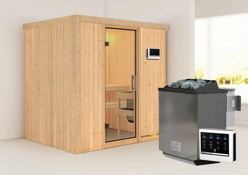 Karibu Sauna Kothla aus Fichtenholz in Beige inklusive 9 kW Bio-Kombi-Saunaofen mit externer Steuerung für 3 Personen, B/T/H: 198 x 151 x 196 cm - Bild 1