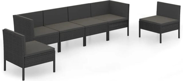 vidaXL 6-tlg Garten-Lounge-Set L-Form aus Poly Rattan in Schwarz mit Polstern und Kissen - Bild 1