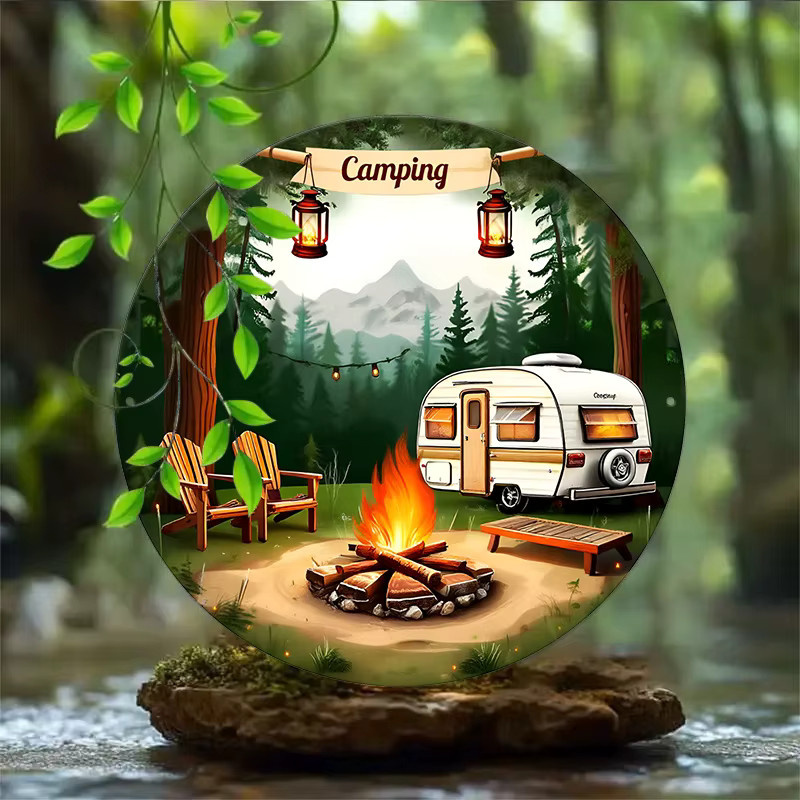 Rundes Vintage-Wandschild aus Metall von Potdemiel mit Camping-Motiv, Durchmesser: 20,3 cm, Mehrfarbig - Bild 2