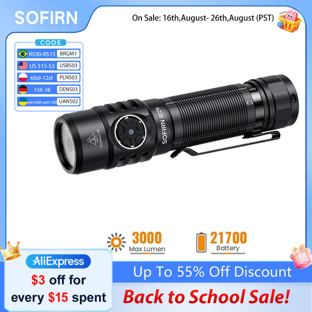 SOFIRN SC29 LED Taschenlampe mit 3000 Lumen, Typ-C wiederaufladbar, IPX8 wasserdicht, Schwarz - Bild 1