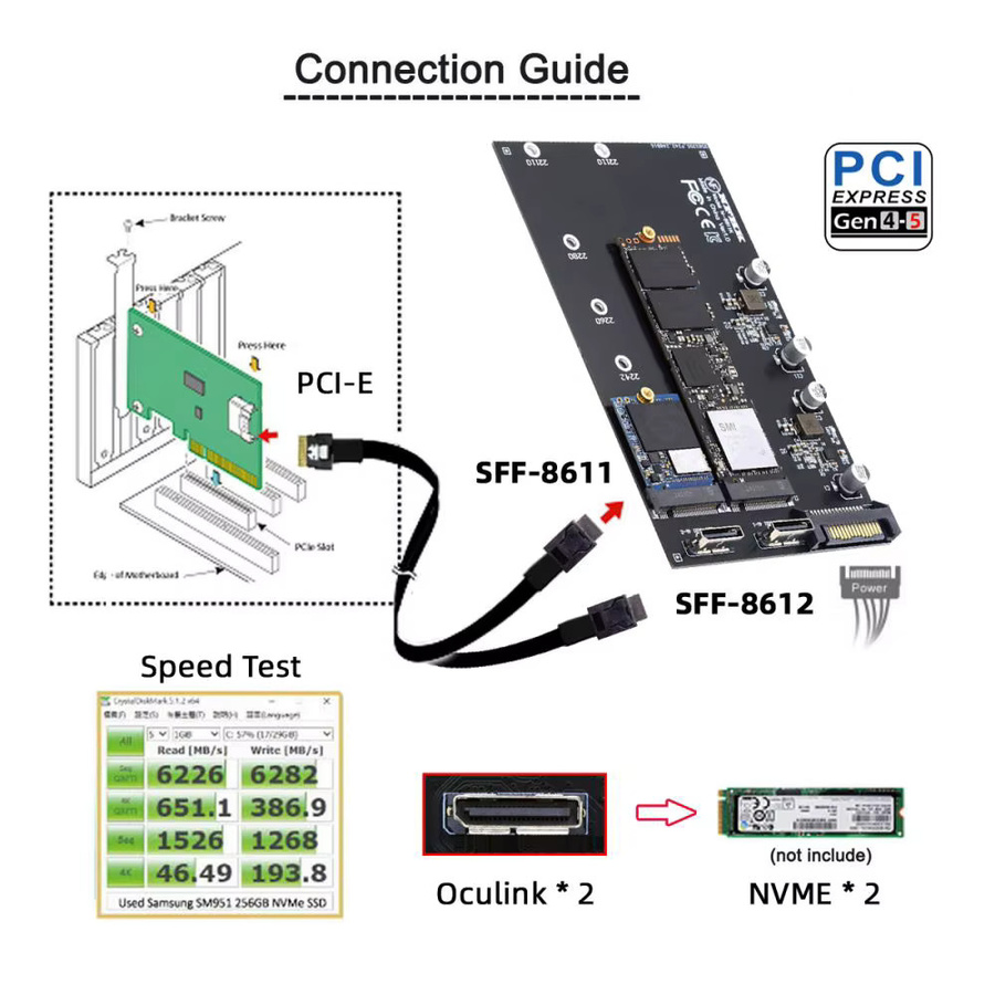 MANDERUILT Oculink auf Dual M.2 NVMe NGFF M-Key PCIe SSD Adapter für Mainboard, Schwarz - Bild 4