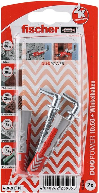 Fischer DuoPower Dübel aus Nylon in Weiß, Durchmesser: 10 mm, Länge: 50 mm, 2 Stück mit Winkelhaken - Bild 1