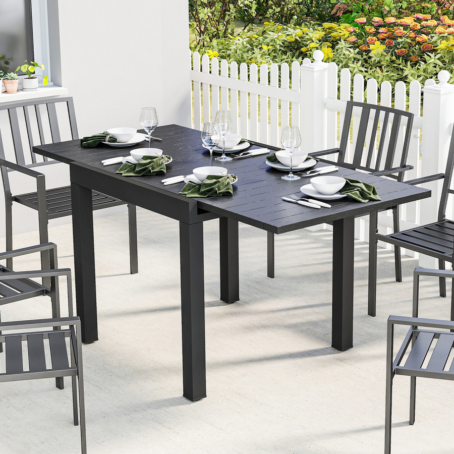 Outsunny Ausziehbarer Gartentisch für 4-6 Personen aus Aluminium mit Holzoptik-Lattenplatte, Schwarz, B/T/H: 80 x 80 x 75 cm bis 160 x 80 x 75 cm - Bild 2