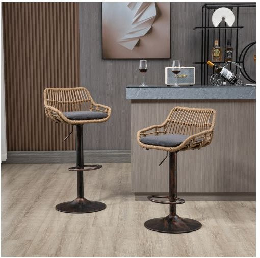 2er-Set verstellbare Barhocker von MUVOE aus Metall und Rattan in Grau für Küche und Esszimmer - Bild 1