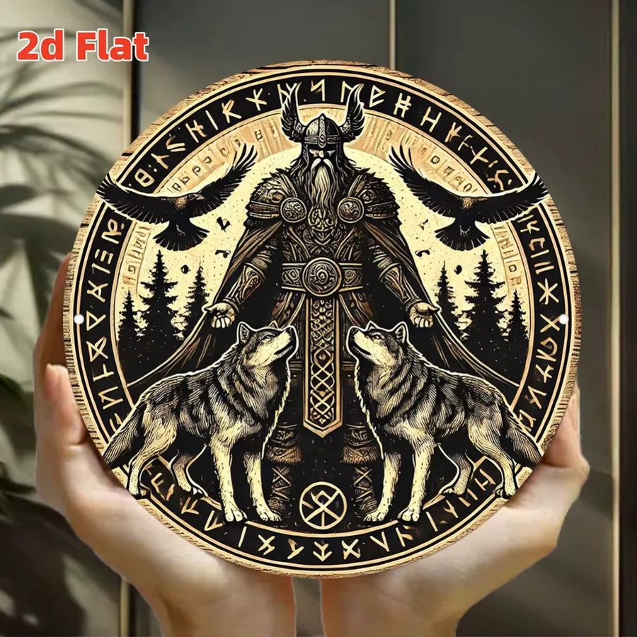 Hello Young Wanddekoration Odin Nordische Mythologie Aluminiumschild mit Wölfen, Multicolor, Durchmesser: 50,27 cm - Bild 4