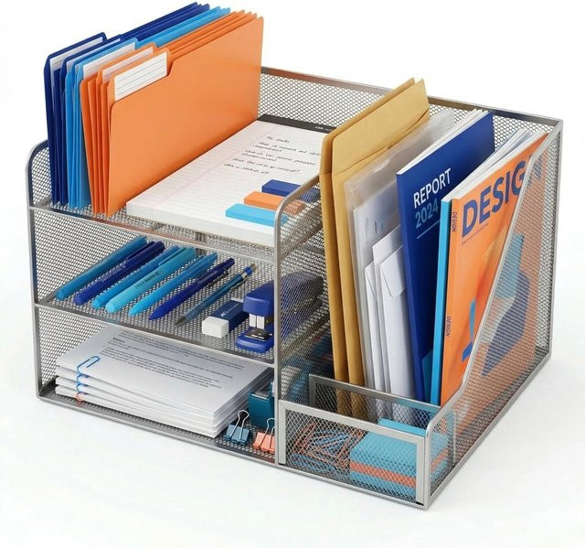 Relaxdays Schreibtisch Organizer aus Stahl in Silber mit 5 Ablagen und Mesh-Design, B/T/H: 37 x 23,5 x 30,5 cm - Bild 1