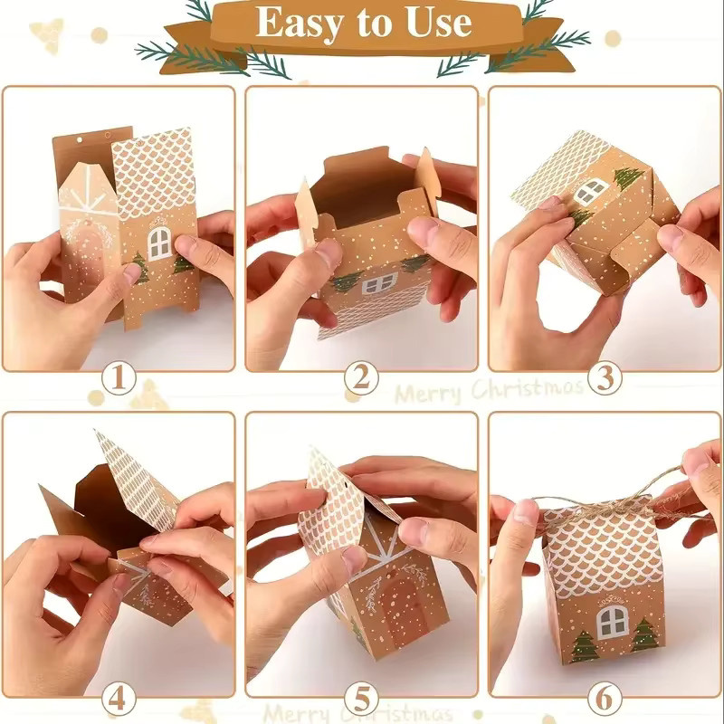 10 Stück Weihnachts Geschenkboxen aus braunem Kraftpapier in Hausform für Süßigkeiten und Kekse - Bild 5