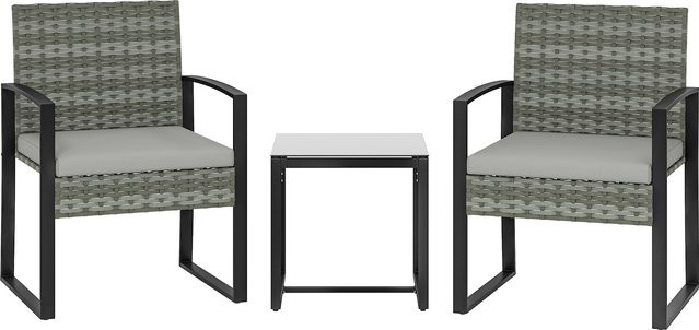 Outsunny Rattan Bistroset 3-teilig in Hellgrau mit 2 Gartenstühlen, Couchtisch aus Glas und abnehmbaren Kissen für Garten, Terrasse oder Balkon - Bild 1