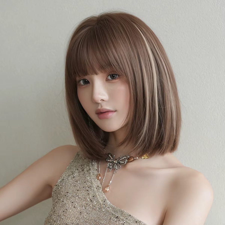 7JHH WIGS Perücke, kurz, glatt, braun mit beige Highlights, Damen - Bild 2