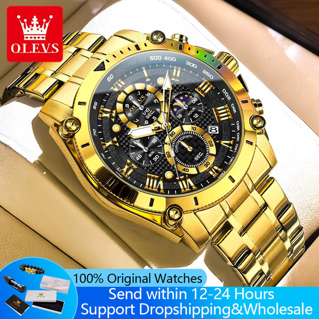 OLEVS Armbanduhr, Quarz, Edelstahl, Gold, Blau, Herren - Bild 1