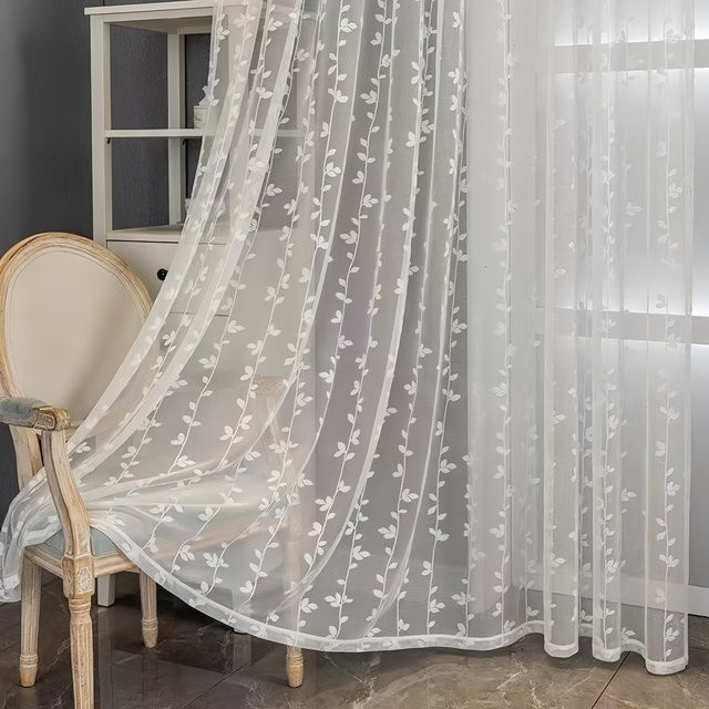 CENTURyMiG Vorhang mit geprägtem Blattmuster in Weiß, semi-transparentes Stoffpanel im minimalistischen Design für Wohnzimmer und Schlafzimmer, Breite: 200 cm, Höhe: 200 cm - Bild 1