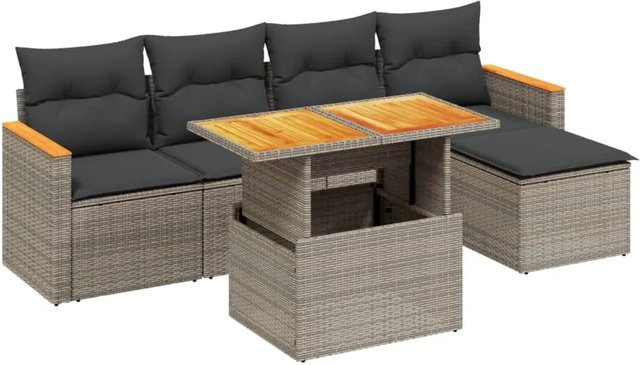 vidaXL 6-teilige Garten-Sofagarnitur aus Poly-Rattan und Akazienholz in Grau mit UV-beständigen Kissen - Bild 1
